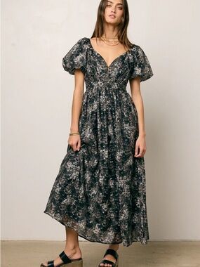 bohme Black and Gray Floral Puff-Sleeve Maxi Dress
